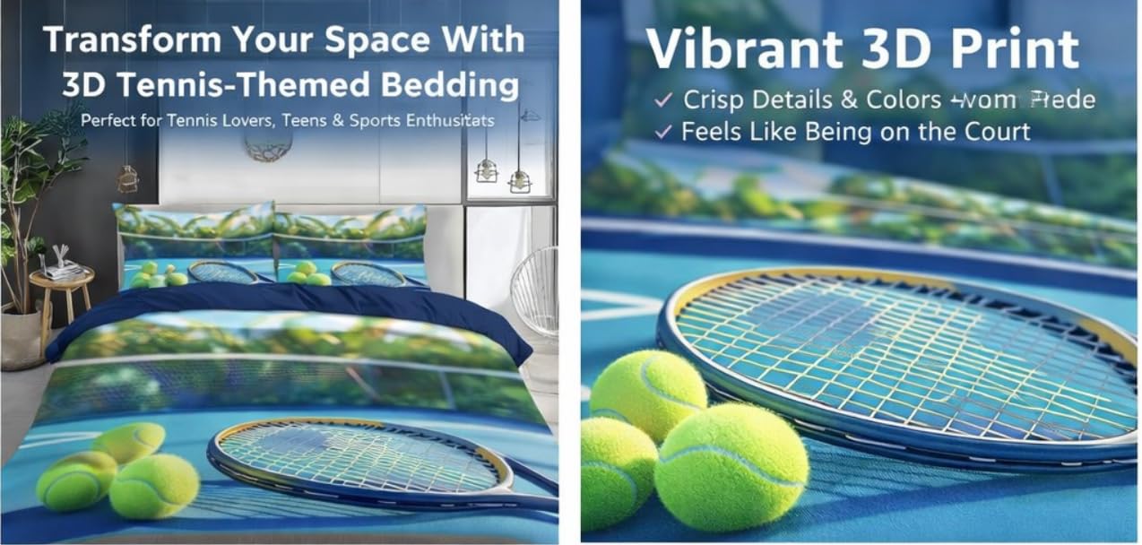 Juego de Ropa de Cama de 3 Piezas,Microfibra Suave Transpirable Moderno tenisJuego de Fundas Edredón con 1 Funda Nórdica + 2 Funda de Almohada (Deportes 220 x 240 cm