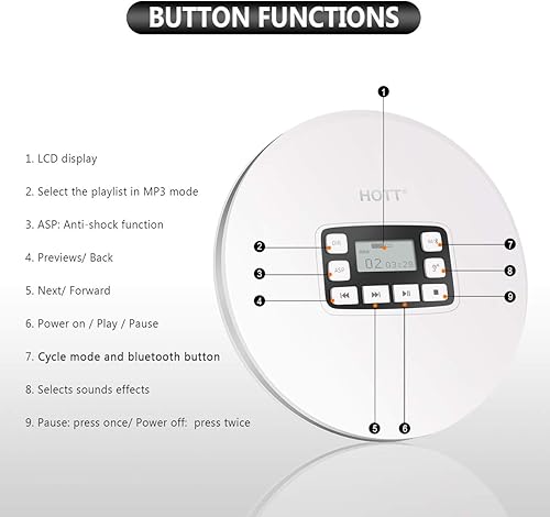 Miniatura 2 de HOTT CD611T Reproductor de CD Bluetooth V5.0 portátil con auriculares estéreo Cable USB a prueba de golpes Walkman Reproductor de CD personal
