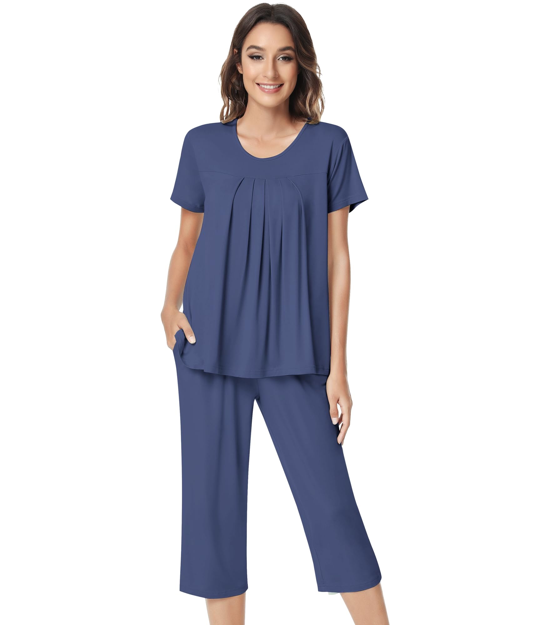 NACHILA Pajamas for Women-Viscose Made from Bamboo,Short Sleeve Sleepwear Cooling Pjs Top Ladies Soft Capri Pants Pajama Sets
