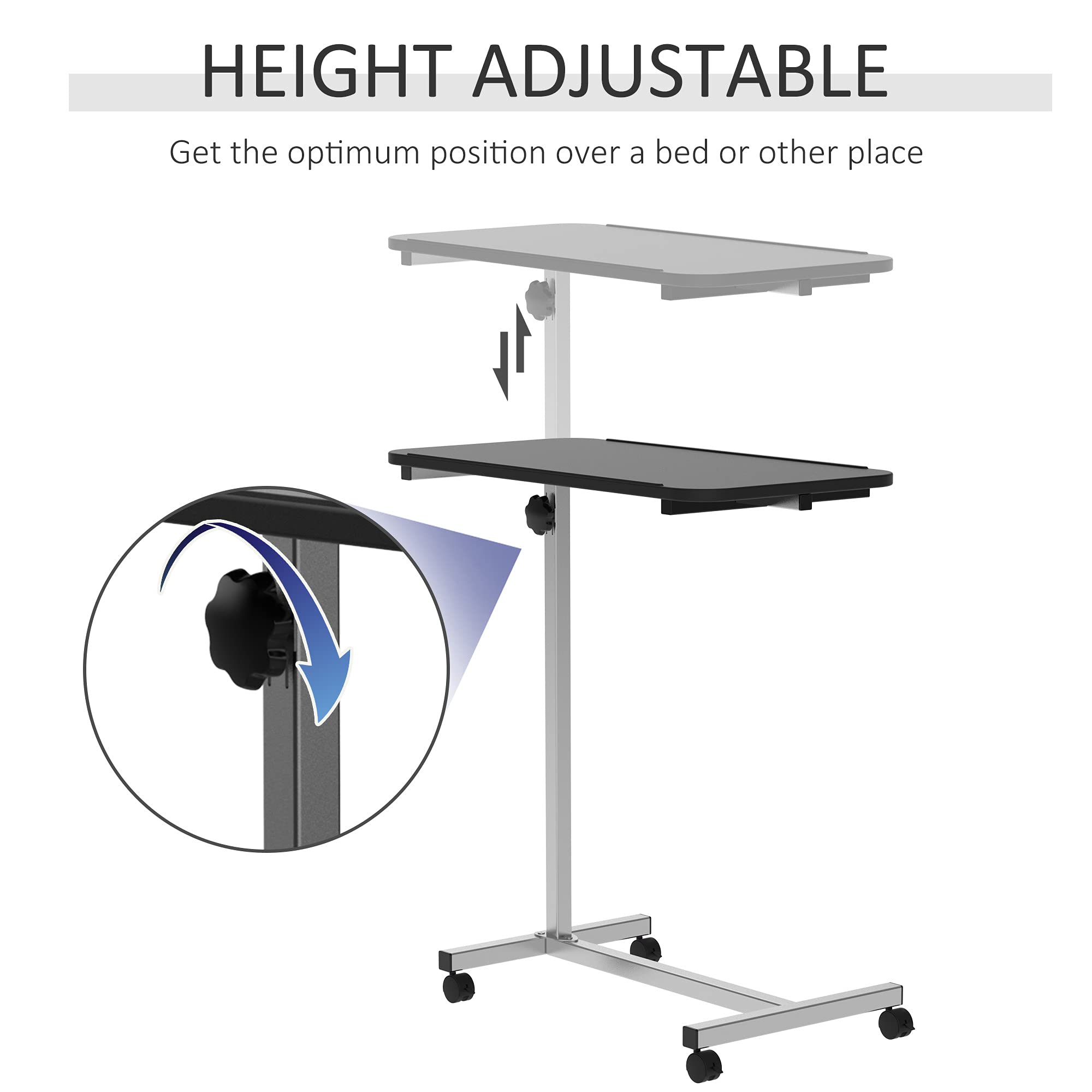 HOMCOM Tavolino con ruote, 77 x 40 x 76-100 cm, nero e argento | Tavolo per divano e letto, altezza regolabile, telaio in acciaio, per camera da letto, soggiorno, ufficio