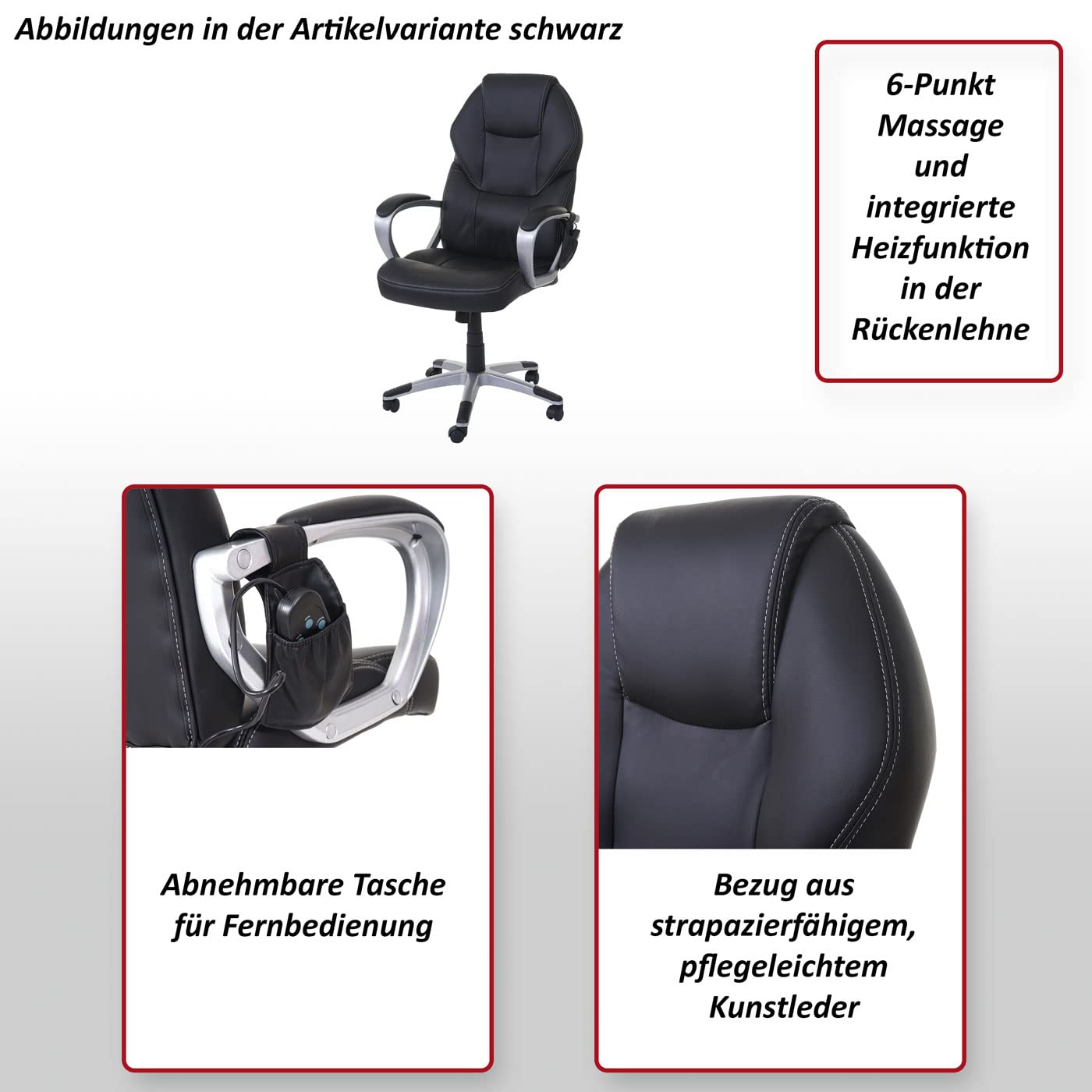 Mendler Massage-Bürostuhl HWC-A69, Drehstuhl Chefsessel, Heizfunktion Massagefunktion Kunstleder - schwarz