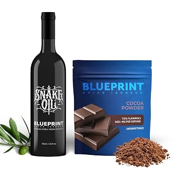 Blueprint Bryan Johnson Extra Virgin Olive Oil - Single Source, 750ml Glass Bottle + Non Dairy Cocoa Powder - 100% Pure Cocoa, 12 Ounces