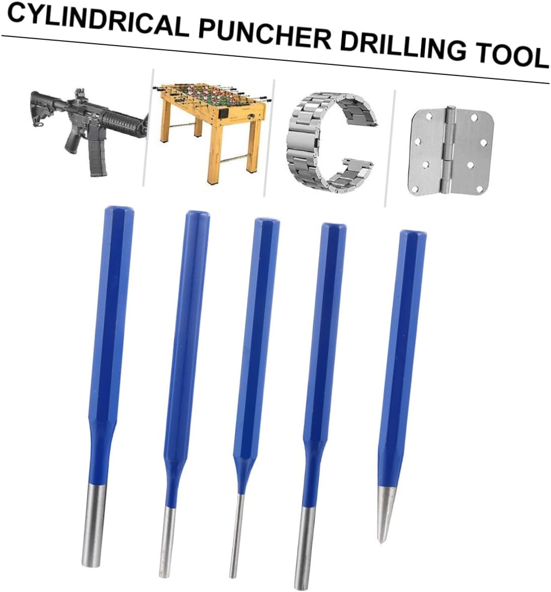 Five Piece Cylindrical Pin Punch Set for Woodworking Drilling Tool | Chromium Vanadium Steel, Blue Finish, Tough Build, Modified Parabolic Striking End, Reduces Mushrooming