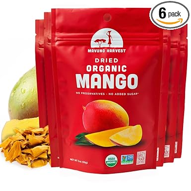Mavuno Harvest Mango Dried Fruit Snacks | Unsweetened Organic Dried Mango Slices | Gluten Free Healthy Snacks for Kids and Adults | Vegan, Non GMO, Direct Trade | 2 Ounce, Pack of 6