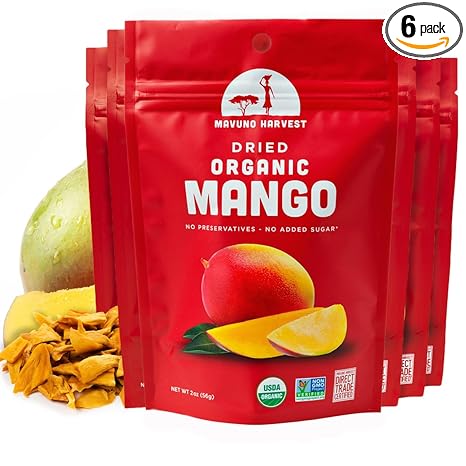 Mavuno Harvest Mango Dried Fruit Snacks | Unsweetened Organic Dried Mango Slices | Gluten Free Healthy Snacks for Kids and Adults | Vegan, Non GMO, Direct Trade | 2 Ounce, Pack of 6