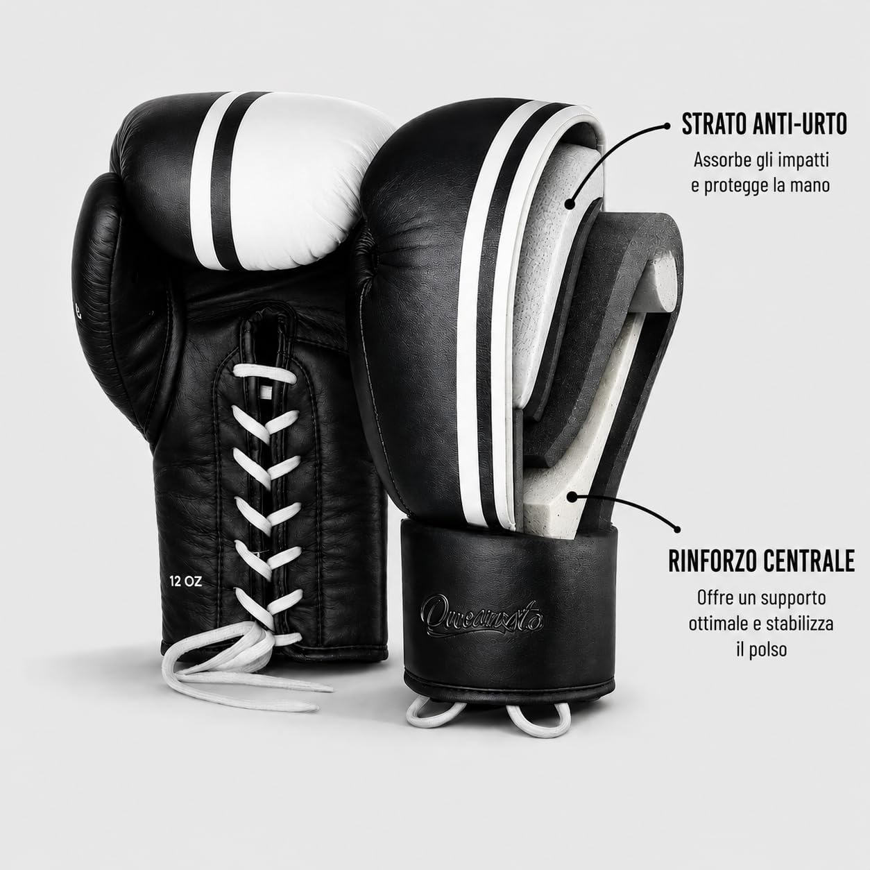 Guanti da boxe professionali, pelle premium, chiusura con lacci, nero, muay thailandese, adulto unisex