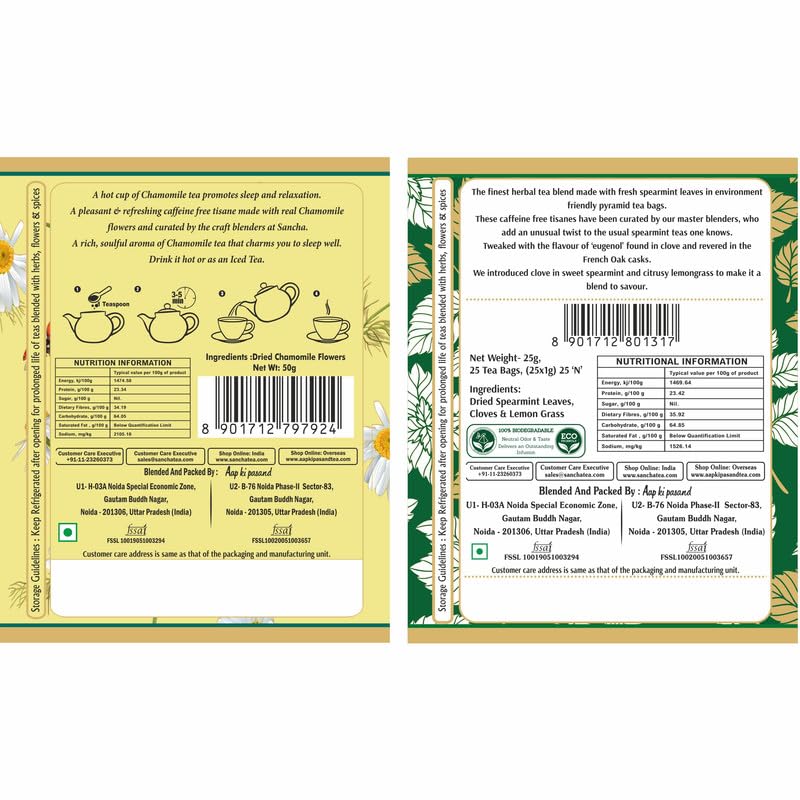 Image of Sancha Tea Boutique, Combo Pack, Chamomile Herbal (50g Loose Flowers) & Spearmint Herbal (25 Pyramid Bags), Caffeine Free Floral & Mint Tisanes, Traditionally Valued for Calm & Refreshment