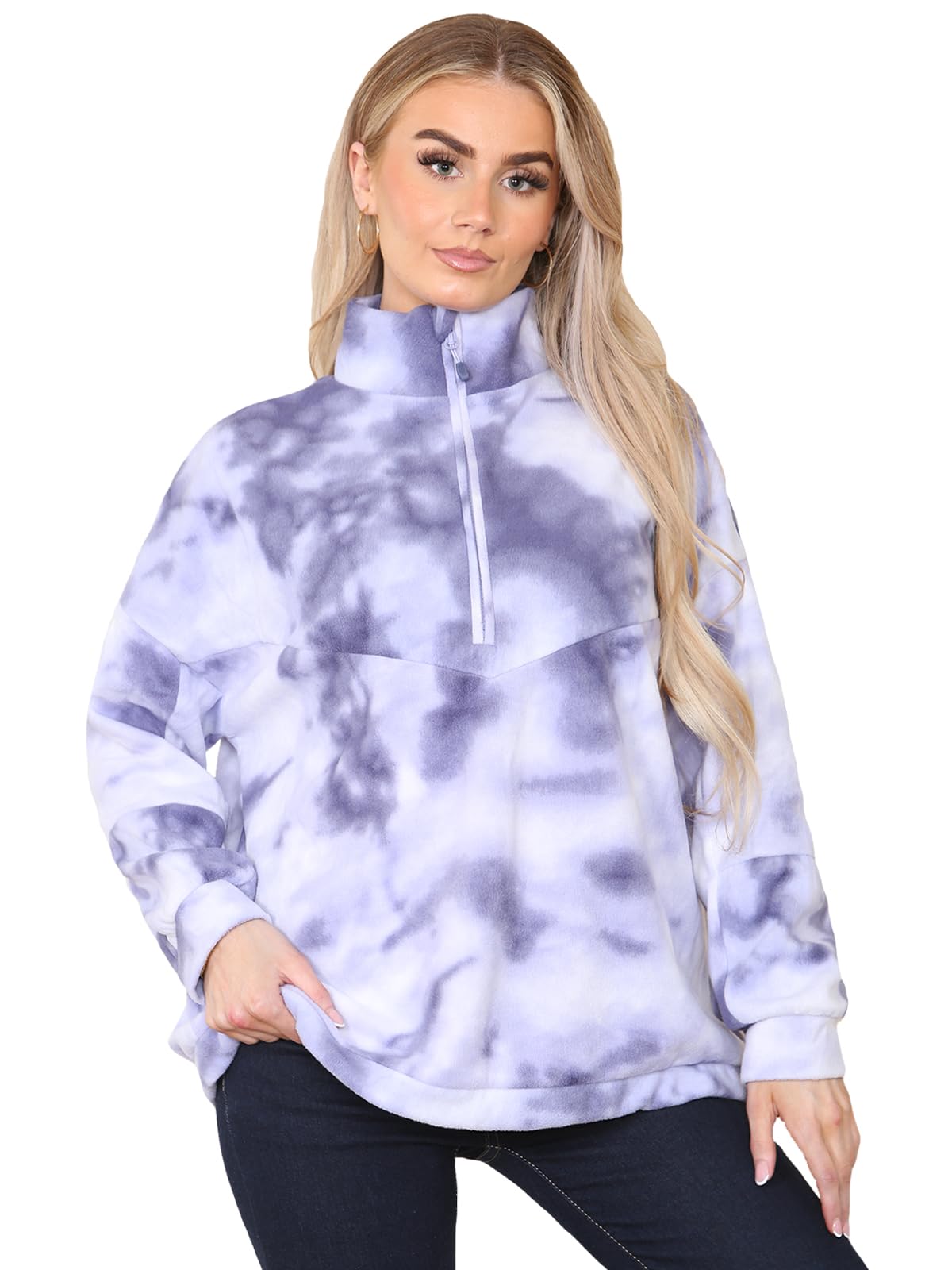GafferWomen's Polar Fleece Quarter Zip Tie Dye Print Oversized Baggy Sweatshirt, Purple, EU/UK Sizes
