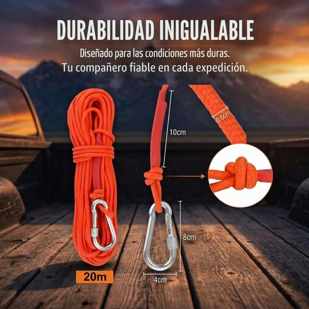 Cuerda de Escalada 20m*6mm Cuerda Auxiliar de Escalada Cuerda de Pesca con Mosquetón Cuerda para Senderismo Cuerda Multiusos para Escalada/Rescate y Deportes al Aire Libre/Camping - Naranja