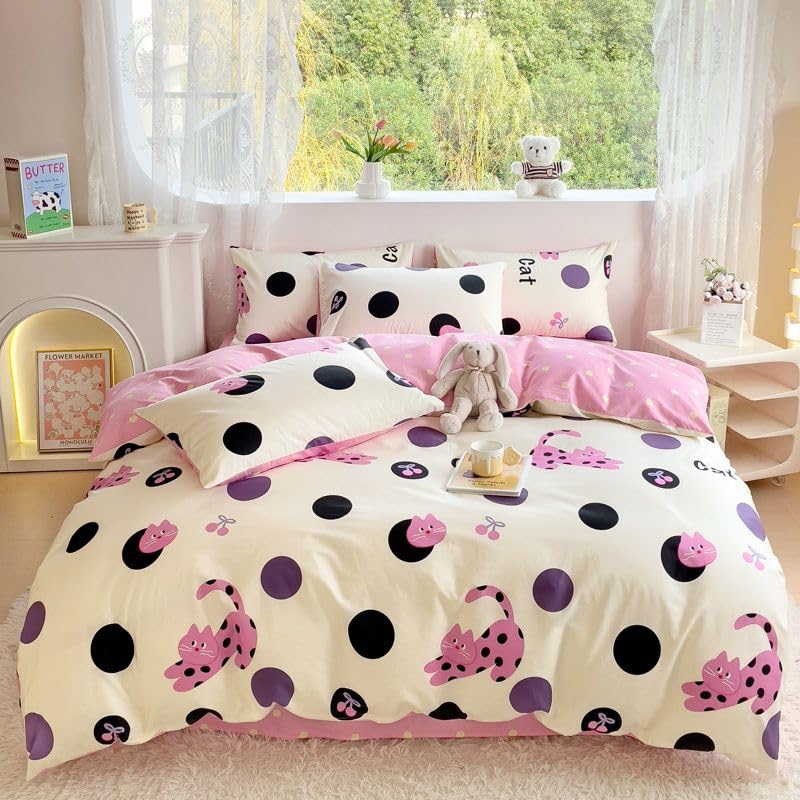 HAVOP 100% Cotton Duvet Cover Single Size Pink Cat Black Polka Dot Bedding — image 1