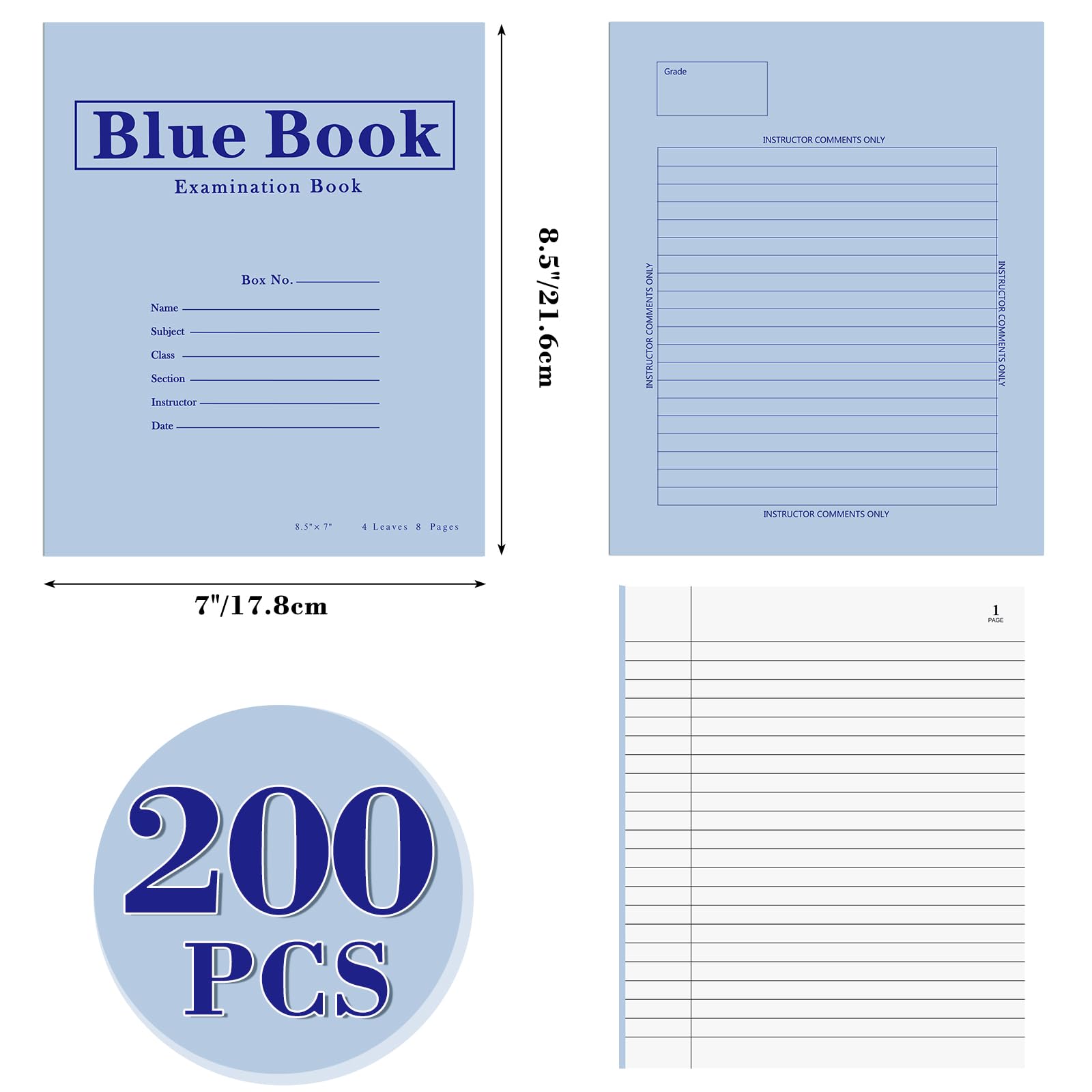 Skyygemm Lot de 200 cahiers d'examen bleus 4 feuilles 8 pages larges lignées cousues pour la maison, le travail, l'école, le bureau