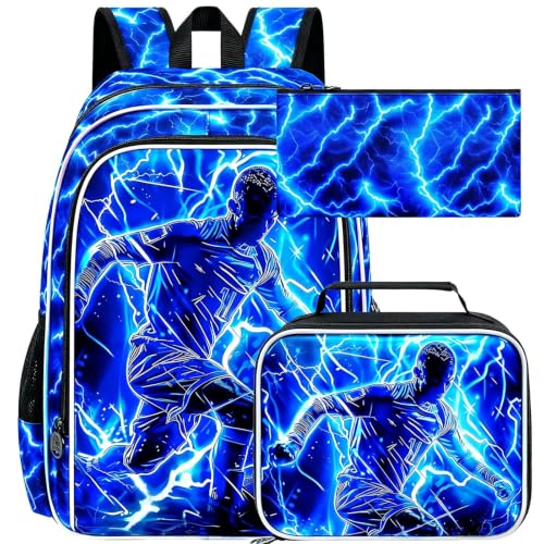 Image of 3Pcs Soccer Backpack for Boy, 17 inch Lightning Bookbag for Elementary Preschool Kindergarten, Kids School Thunder Backpacks with Lunch Box (Blue)