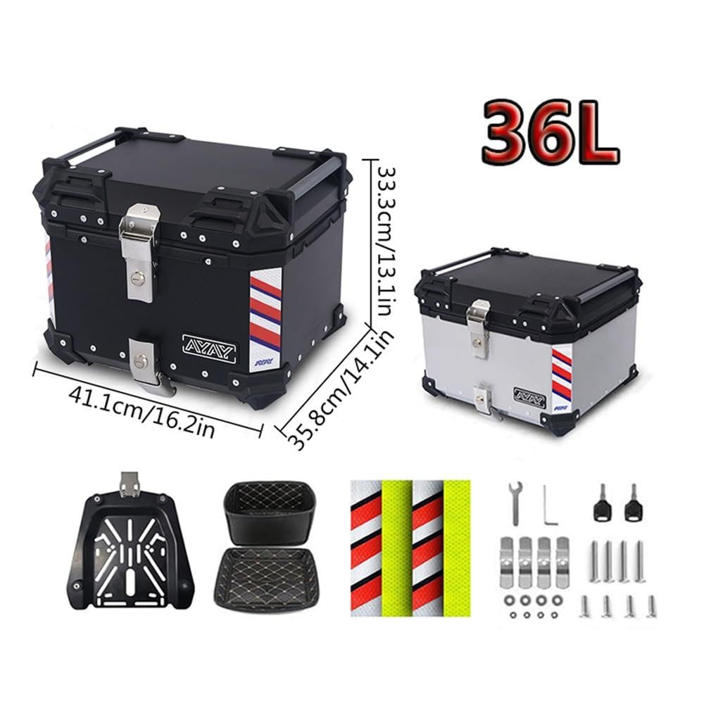 Coffre Valise Moto Aluminium Moto Valise Top Case Coffre De Moto - Topcase avec Matériel De Montage 25L 30L 36L 45L 55L 65L(Silver,36L)
