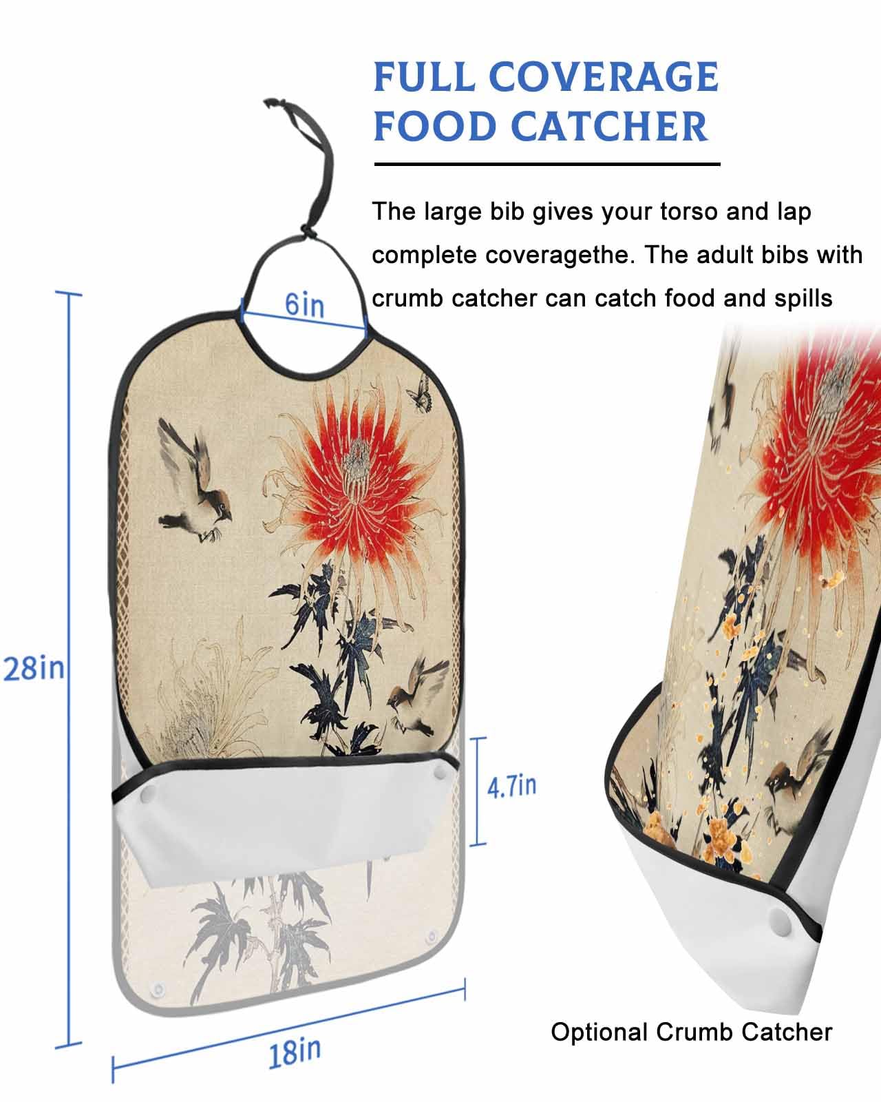 LEOKOTI Vintage Red Spring Floral Adult Bibs for Eating, Waterproof Bibs with Food Catcher & Adjustable Snap Closure, Summer Botanical Birds Retro Washable Clothing Protectors Adult Bibs for Elderly