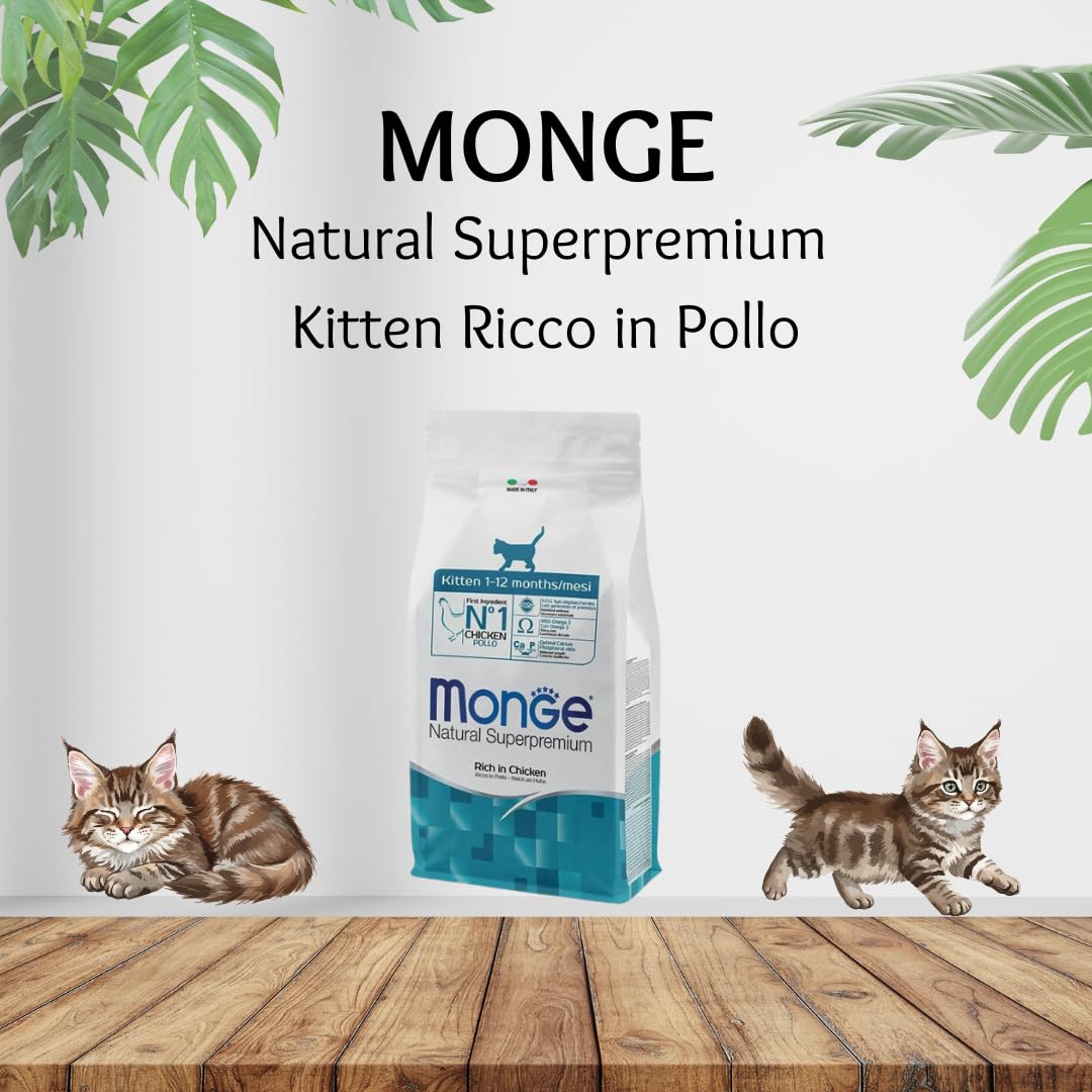 MONGE Gatto Natural Superpremium Kitten Ricco in Pollo | alimento secco completo per gatti cuccioli, senza coloranti e conservanti aggiunti, Made in Italy, 1 confezione da 10kg.