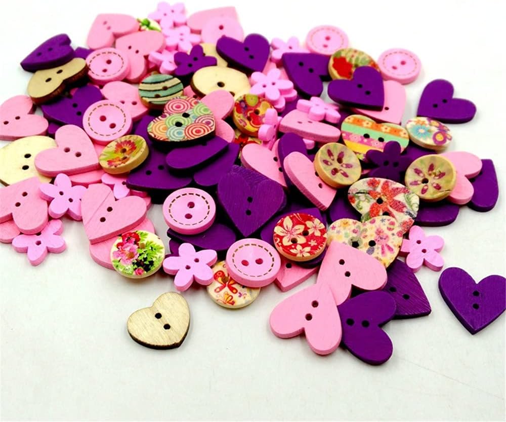 100 Pcs/Pack Wooden Button 2 Holes Button for Sewing Crafts DIY Works Decoration (Pink Purple)