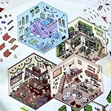 2024 4 Sets DIY 3D Haus Sticker, 8 Themen DIY Szene Machen Sie Ihren Eigenen Supermarkt|Café|Restaurant|Buchhandlung, Lustige Niedliche Koreanische 3D Aufkleber für Erwachsene Kinder (4 Themen 4.0)
