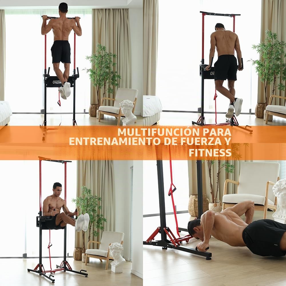 ONETWOFIT Barra de dominadas plegable independiente Power Tower Dip Station, altura ajustable, estación eléctrica 127-224CM multifuncional para el hogar,Ahorro de espacio,desmontable
