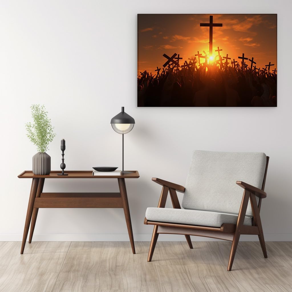Canvas for Living room. Sunset Vigil: Silhouettes of Devotion Against a Crimson Sky, 27 x 18 inch Canvas Wall Art - Contemporary Masterpieces - Modern Home Decor - 69x46 cm (27x18 inch)