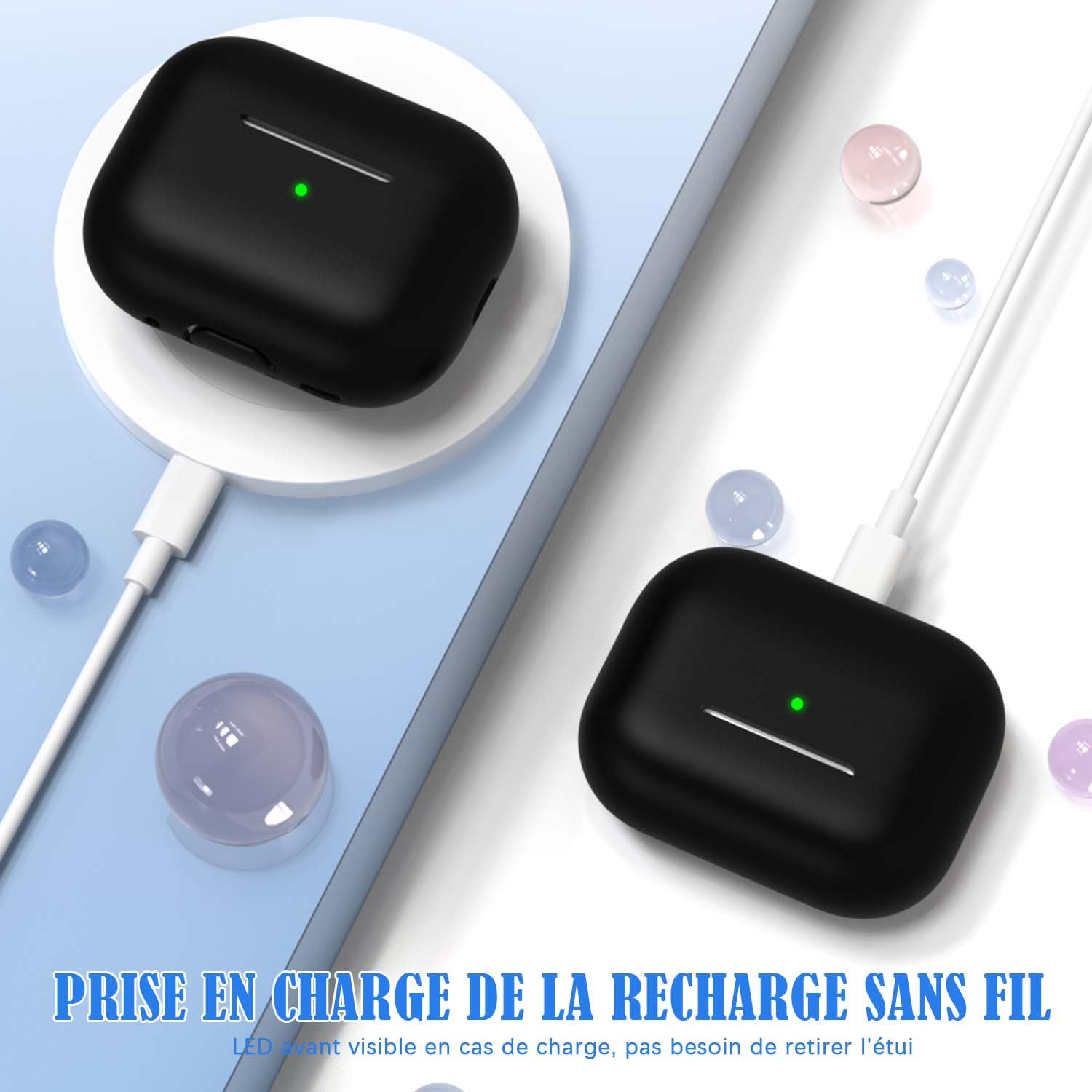 Coque pour AirPods Pro 2e génération Silicone Anti-Chute Noir avec Porte-clés
