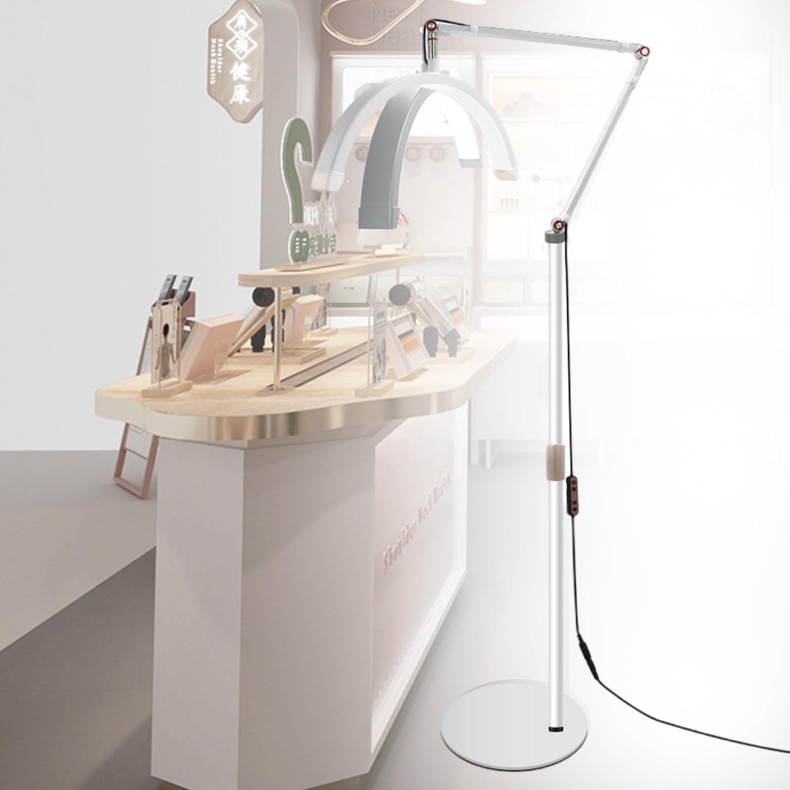 Lampa błyskowa LED, 3000-6000 K, stojąca lampa podłogowa z uchwytem na telefon, półksiężyc, do przedłużania rzęs, pielęgnacji skóry, brwi, piękna lampa stojąca (biała)