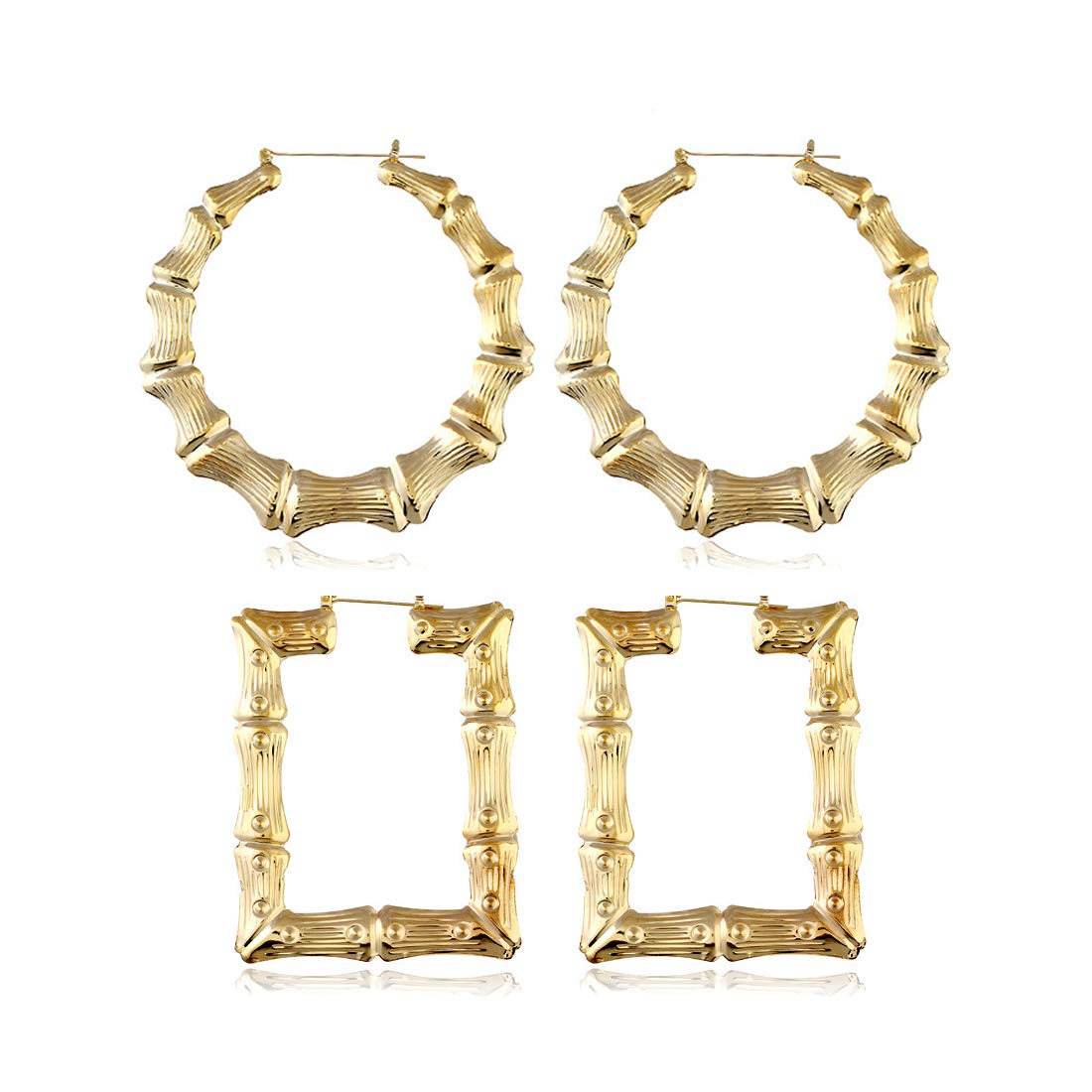 2 Pairs Large Bamboo Hoop Earrings Set Gold Plated Exaggerated Big Statement Hip-Hop Geometric Earrings for Women Girls