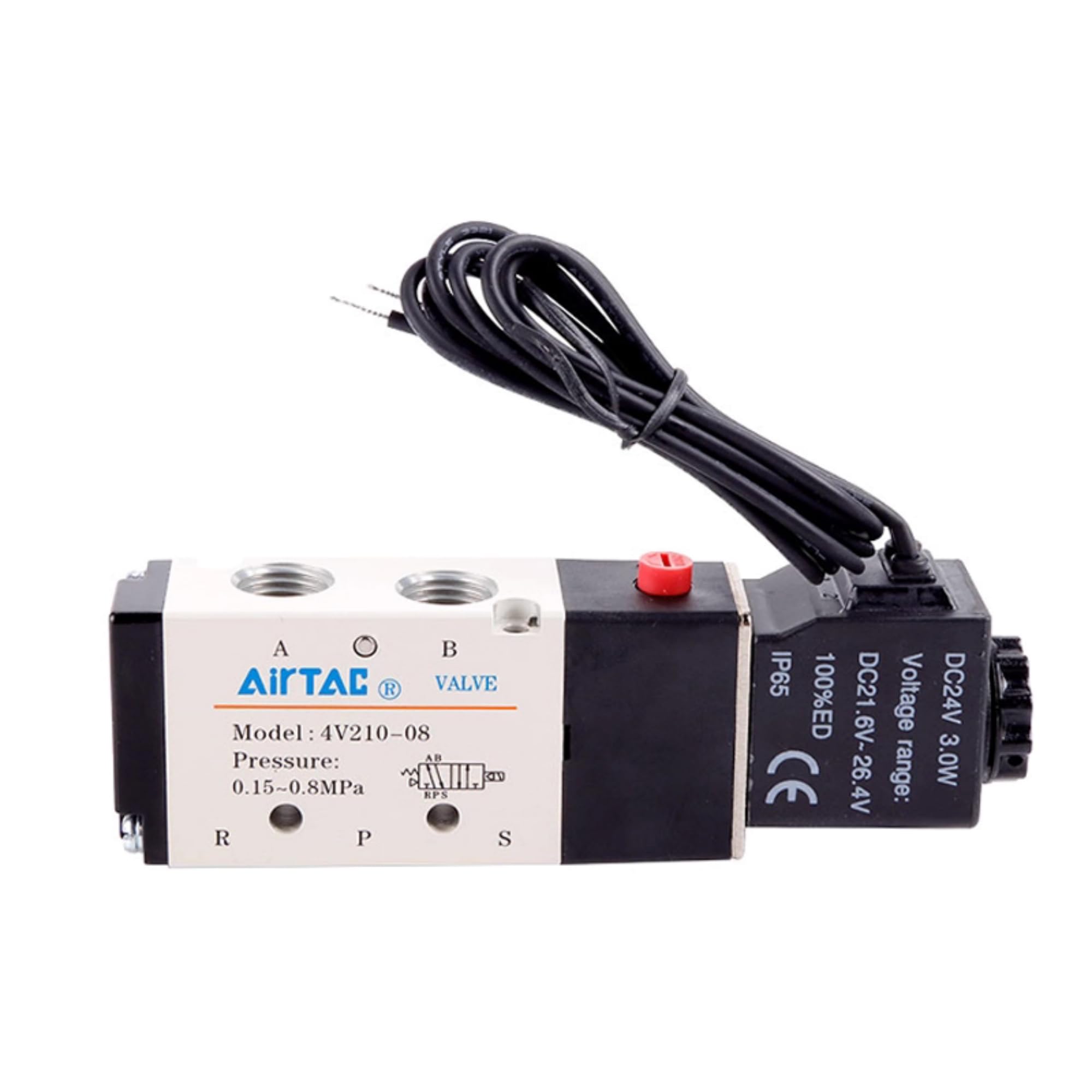 Válvula solenoide DC24V AirTAC 4V210-08 1/10.2 cm PT Cable de salida de aire neumático 2 posiciones 5 vías eléctrica sola bobina operada por piloto