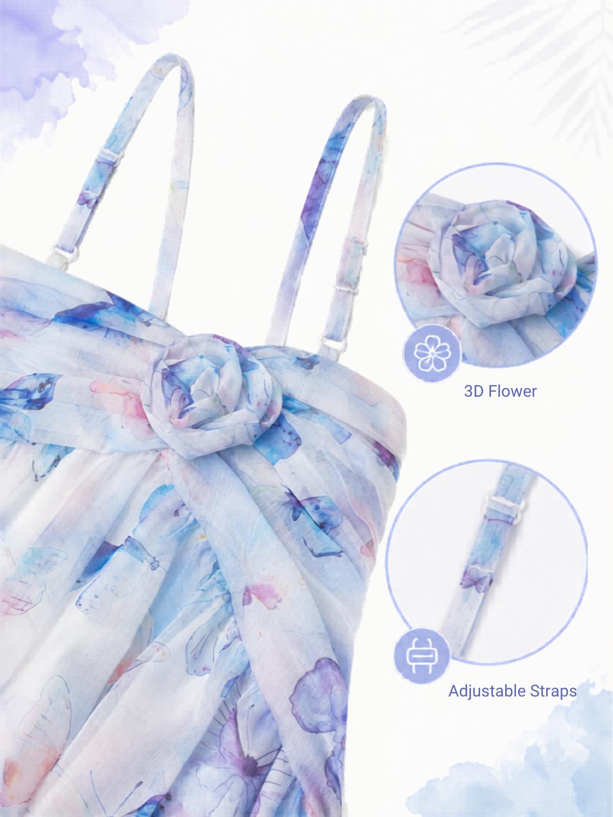 WELAKEN Kleid für Kinder, Mädchen, Blumenmuster, fließend, Sommer, Chiffon, Spaghettiträger, Rüschen, Sommerkleid