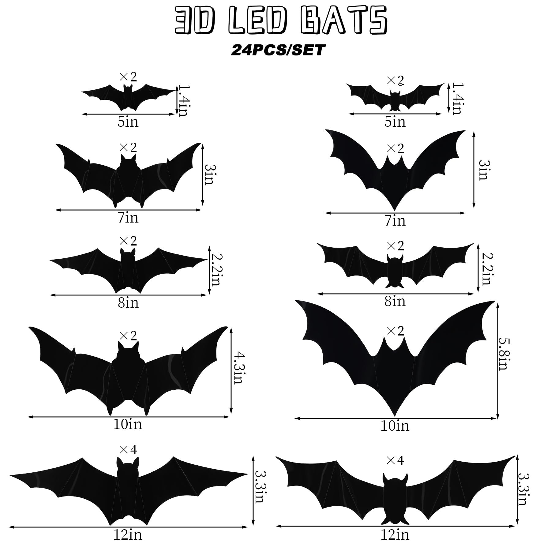 Adesivi da parete con luci LED a forma di pipistrelli di Halloween, si illuminano al buio, decorazione da parete per la casa, decorazioni per interni e feste (24, 5 misure)