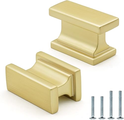 Paquete de 10 pomos rectangulares de latón cepillado dorado de 1-25 pulgadas (1.378 in) de aleación de zinc sólido para cajones y aparadores,