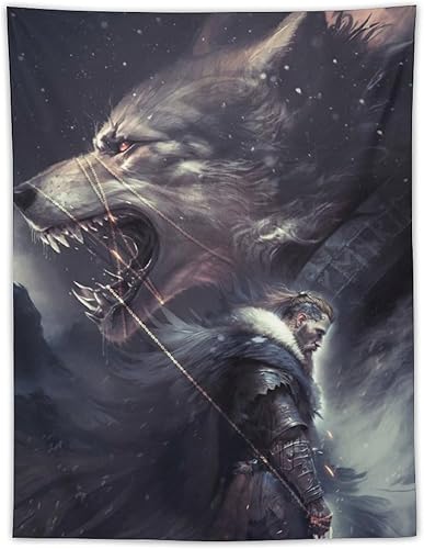 Miniatura 1 de Tapiz de mitología nórdica griega de dioses, tapiz de pared Fenrir Dios Tyr para habitación, pintura estética, tapices de dormitorio, sala de estar,