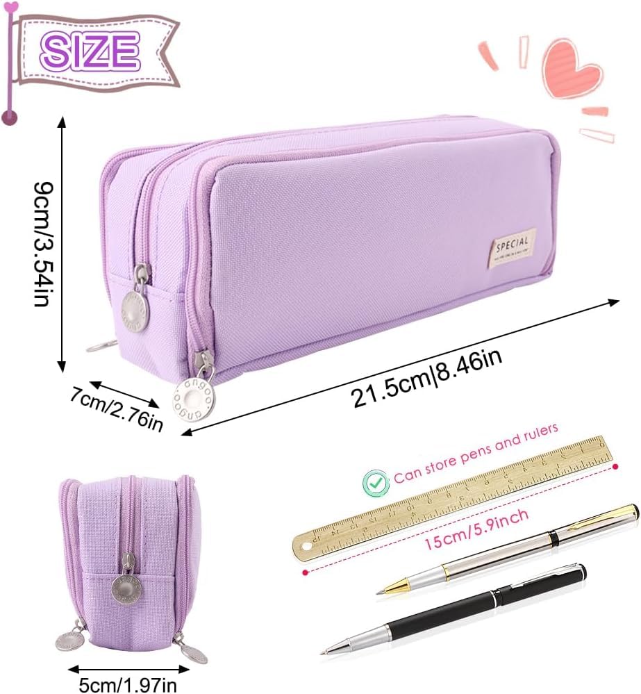 Image of Large Capacity Pencil Box for Girls & Boys, 3 Compartments Pen & Pencil Pouches, Aesthetic Stationery Pouch for School Kids College Students, Cute Stationary (Purple)