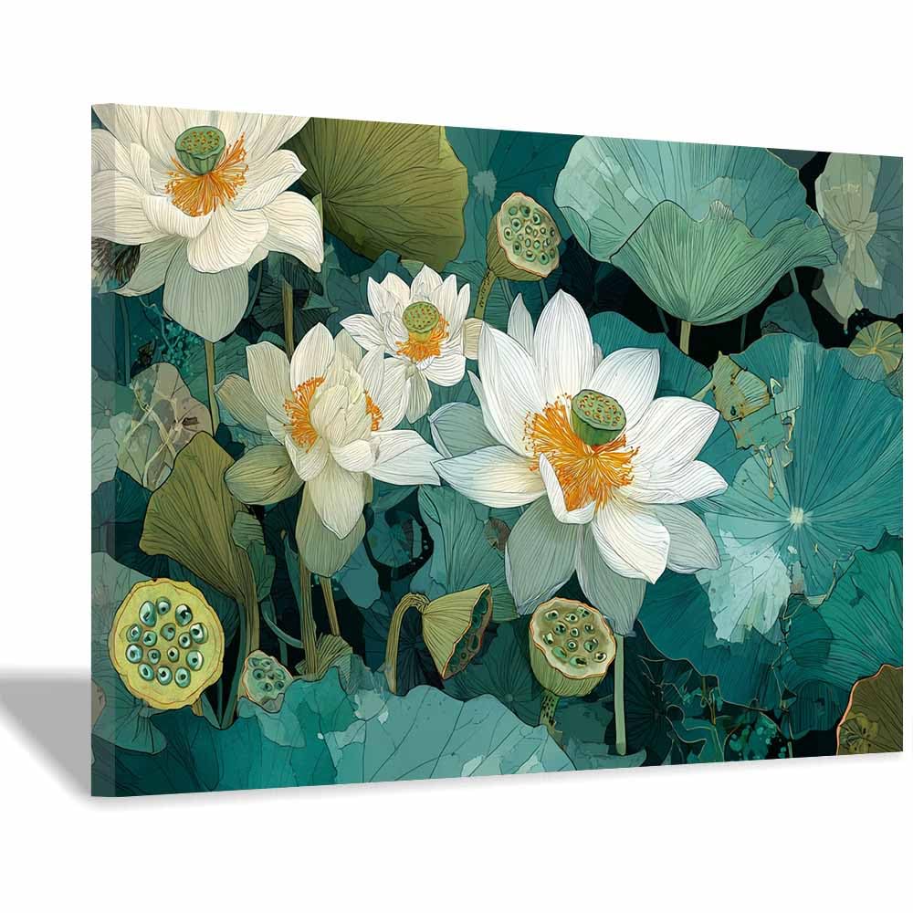 Xeniou Multicolor Flower Wall Art Canvas White Lotuses Illustration Canvas Wall Art, For Bedroom Office Home Decorations(Multicolor)-60X90cm Framed