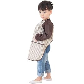 Plie Kids Painting Apron - Waterproof Long Sleeve Art Smock for Toddlers & Preschoolers, Messy Play, Baking, Crafts, Cooking, Sensory Activities (Ages 1-10), Brown Check (18-XXL)