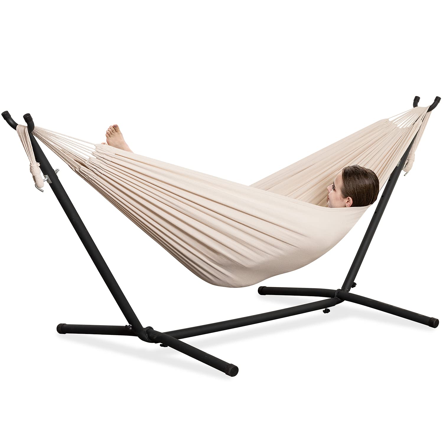 Double Hammocks with Stand for Outside, Portable Space Saving Heavy-Duty Steel Stand for Indoor Outdoor Patio with Carrying Bag, 450 lbs Capacity (Beige)