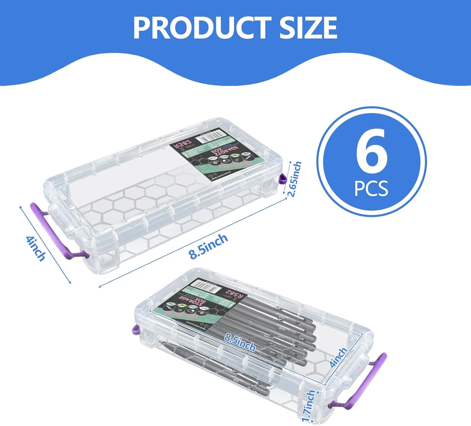 6 Pack Large Capacity Pencil Boxes with Buckles Office Supplies Storage Organizer Box 8.5x4 Stackable Clear Pen Container Multipurpose Plastic Pencil Box for Gel Pens Erasers Drawing Tools - Image 2