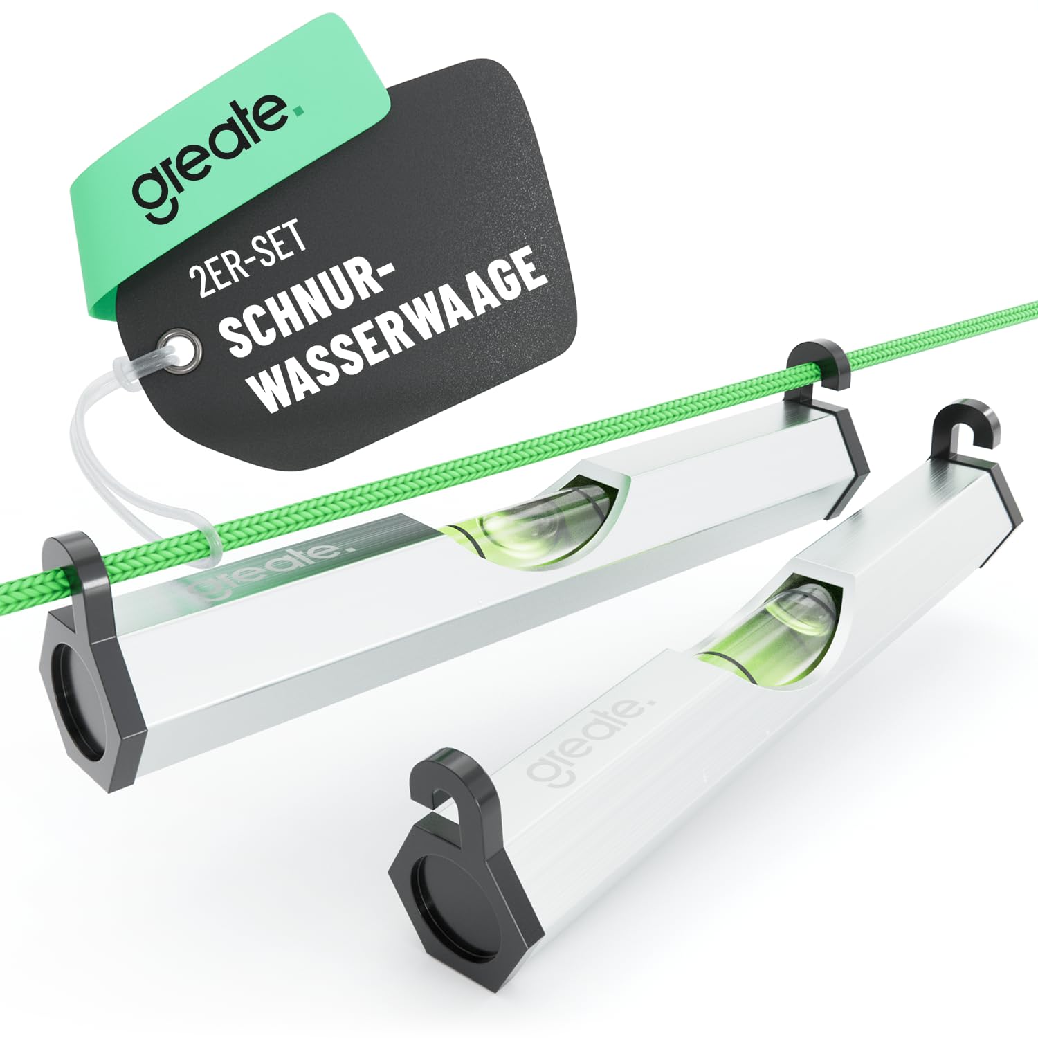 greate 2x Schnurwasserwaage aus Aluminium 75 mm - Schnurwaage als Gartenbau Werkzeug - Wasserwaage Schnur für Richtschnur & Maurerschnur - Mini Wasserwaage für Schnur - Miniwasserwaage