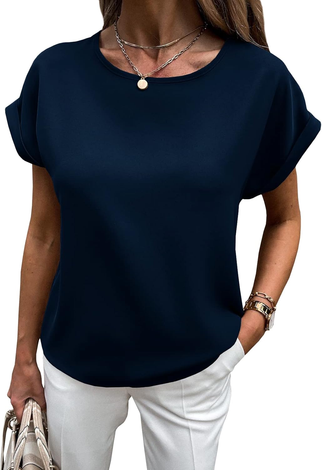 Lynwitkui Womens Summer Short Sleeve Chiffon Blouses Keyhole Back Busines Casual Work ShirtsTops Tops 2025