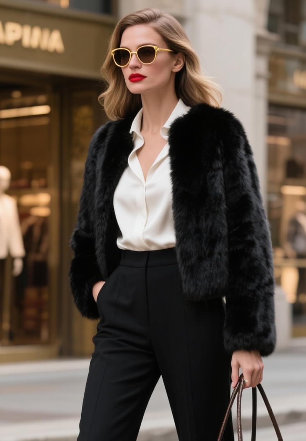 Zando Faux Fur Coats for Women 2026 - Cropped Faux Fur Jacket Women Outwear Long Sleeve Pockets Shaggy Warm Winter Coats - Image 3