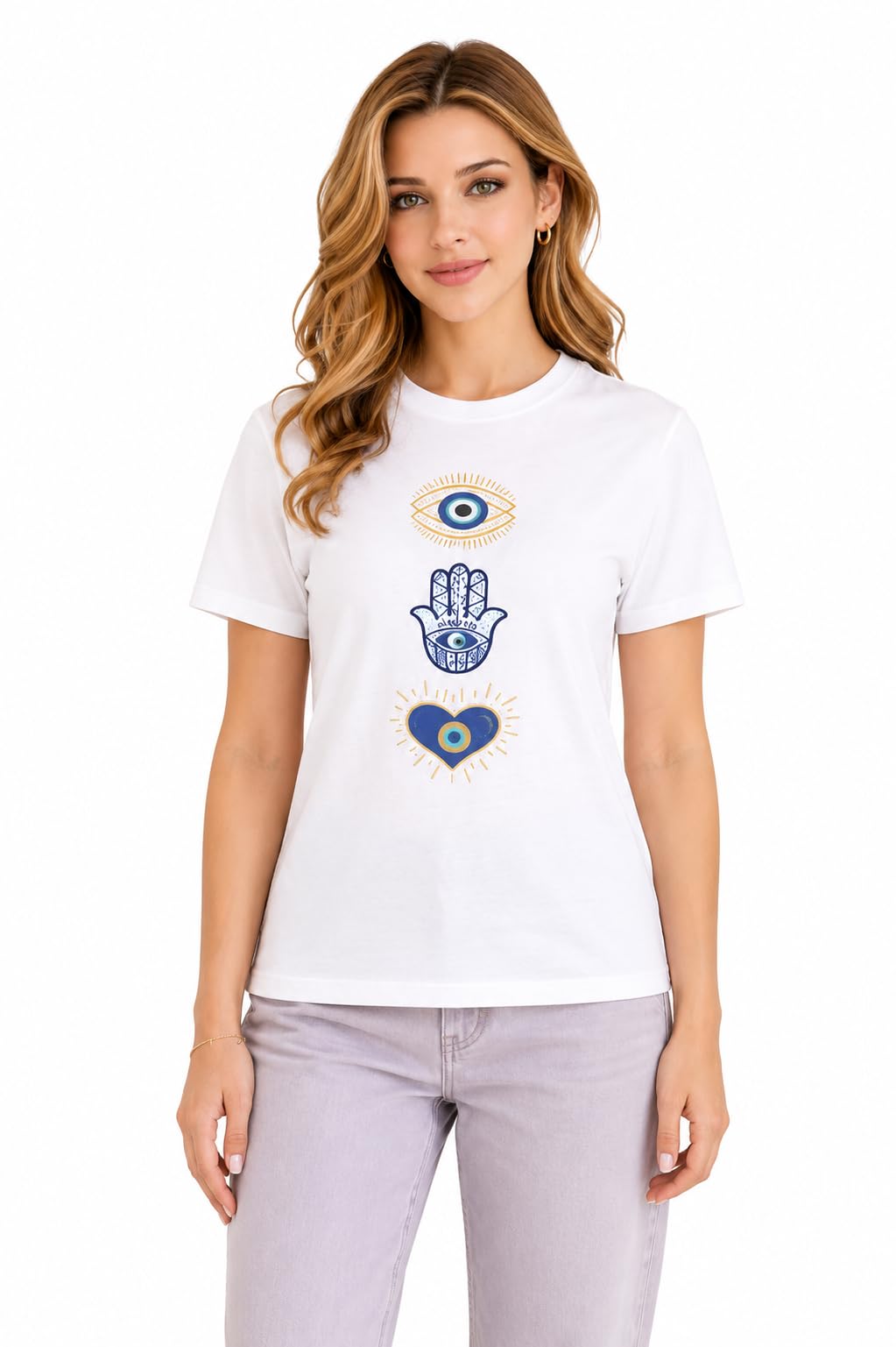 pd clori Women's White T-Shirt with Evil Eye, Hamsa Hand, and Heart Design-picture-43