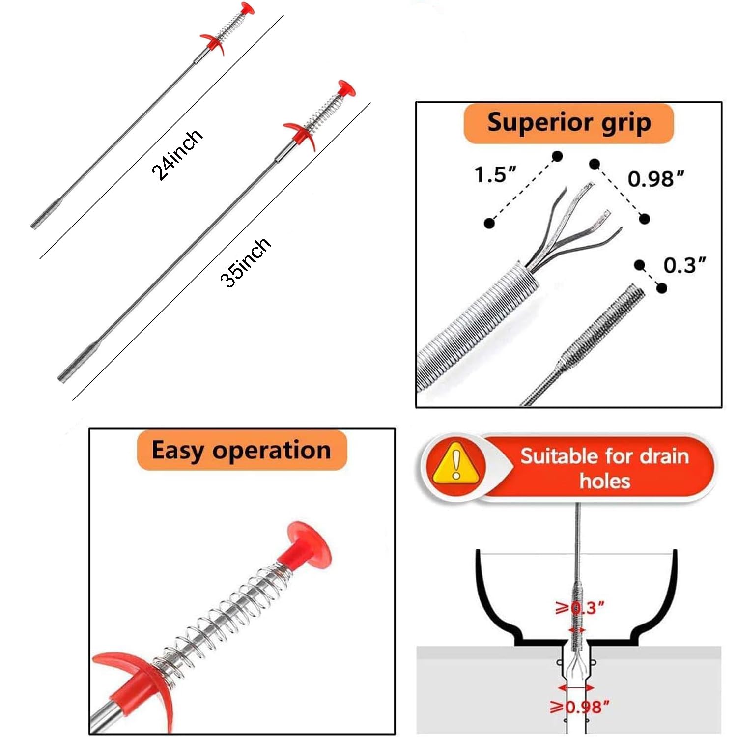 4-Pack Drain Snake – Flexible 37cm Auger Clog Remover, PP + Nylon Brush, Stainless Steel Core, For Kitchen Sinks, Bathtubs, Floor Drains