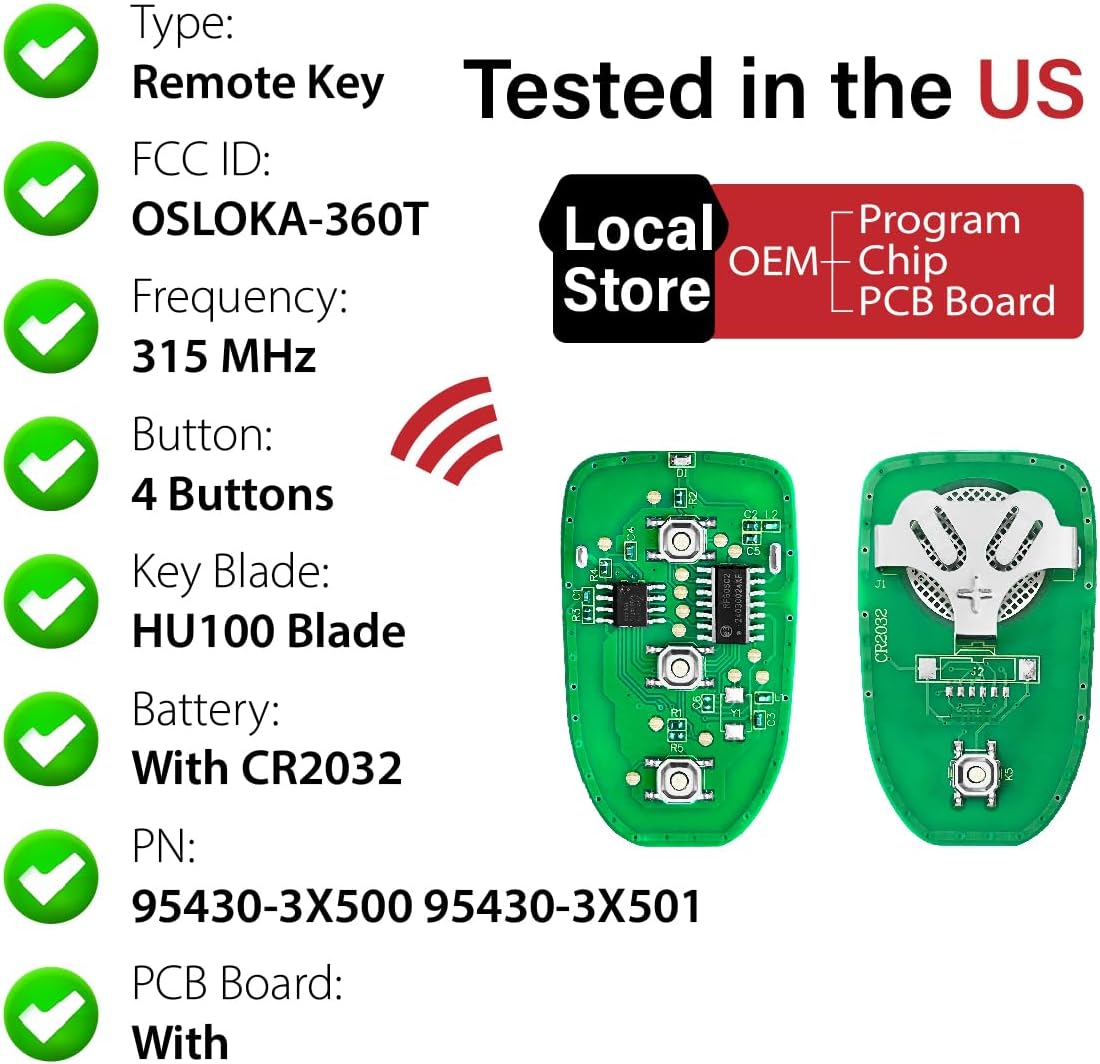 Replacement for 2013 2014 2015 2016 Hyundai Elantra Key Fob Remote Control OSLOKA-360T 4 Buttons 315MHz (Pack of 2)