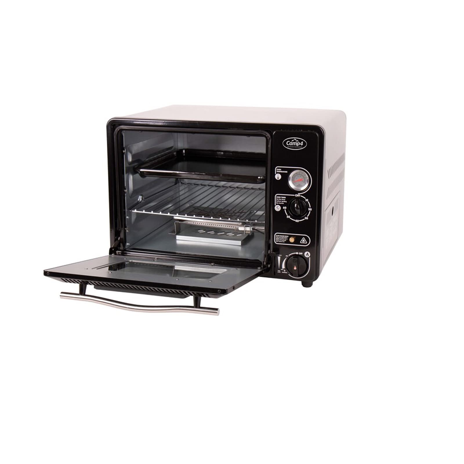 Camp4 Camping Mini-Gasofen für Wohnwagen & Wohnmobil, mobiler Gasbackofen mit Piezo-Zündung, Camping Backofen für Gaskartusche, bis 280 °C, 1,1 kW, 47 x 32,5 x 32,5 cm