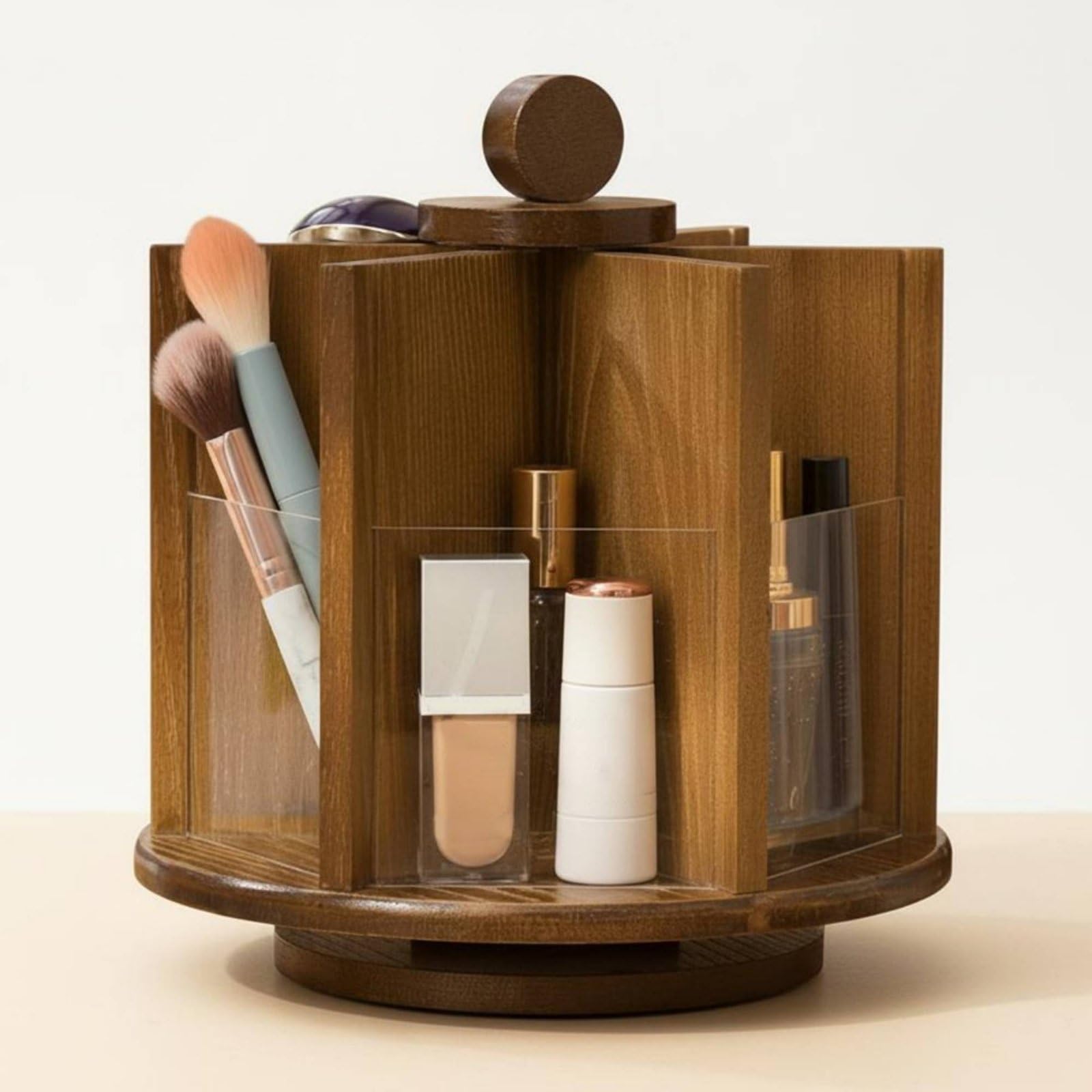 Organizer Rotante Porta Cosmetici Porta Trucco Porta Pennelli Porta Gioielli Realizzato in Bambù E Acrilico con Rotazione a 360 Gradi Adatto per Donna Scrivania Casa, Brown
