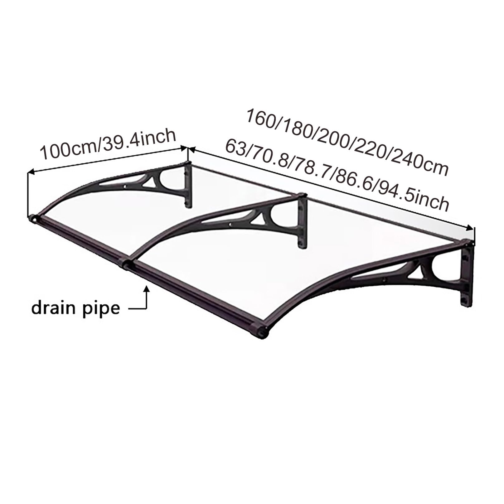Transparent Polycarbonate Door Canopy Awning - 78.7"x39.4", Black Brackets, UV & Rain Protection