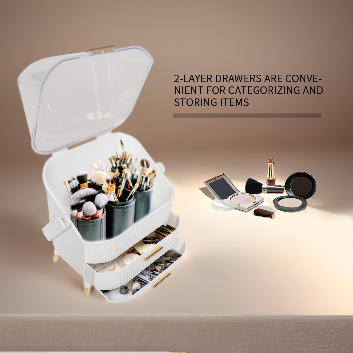 Portable Makeup Organizer, Skincare Case Storage and Makeup Box for Vanity, Cosmetic Display Case, Cosmetics Skincare Organizers Box with Waterproof & Dustproof Cover for Bedroom, White