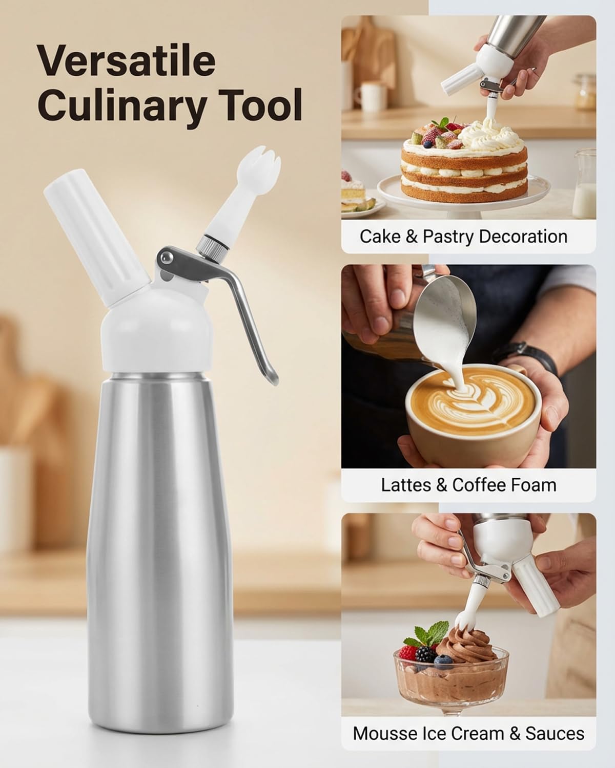 Professional Cream Frother Aluminum Whipped Cream Dispenser 500ml Canister Leak Free Gourmet Dessert Maker With Decorating Nozzles Cleaning Brush Use Standard Chargers For Cakes (Sliver)