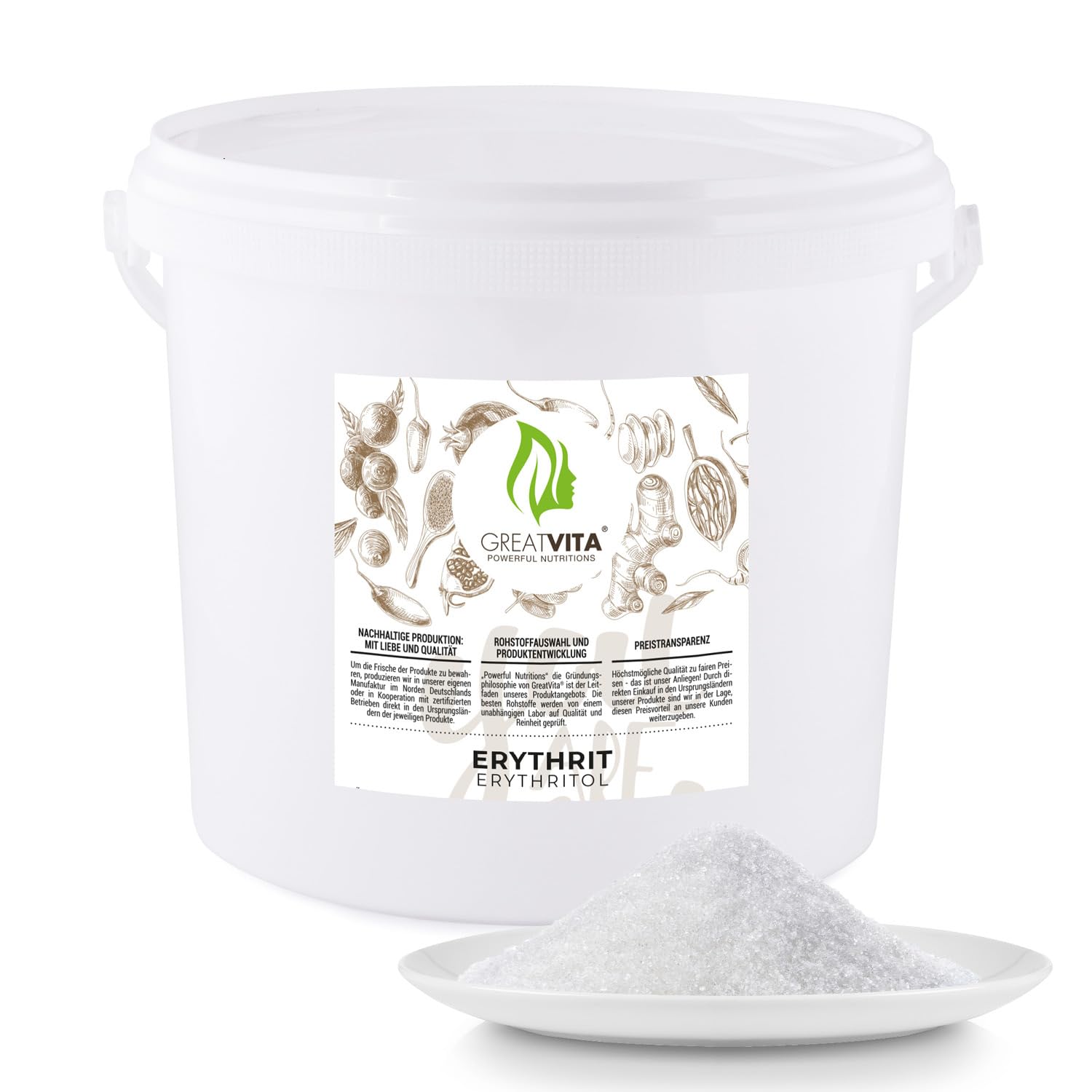 GreatVita Erythrit Eimer 4 kg, Premium Zuckeralternative - kalorienfreies Süßungsmittel ohne Gentechnik | Zahnfreundliche Süßungsmittel ohne Kalorien