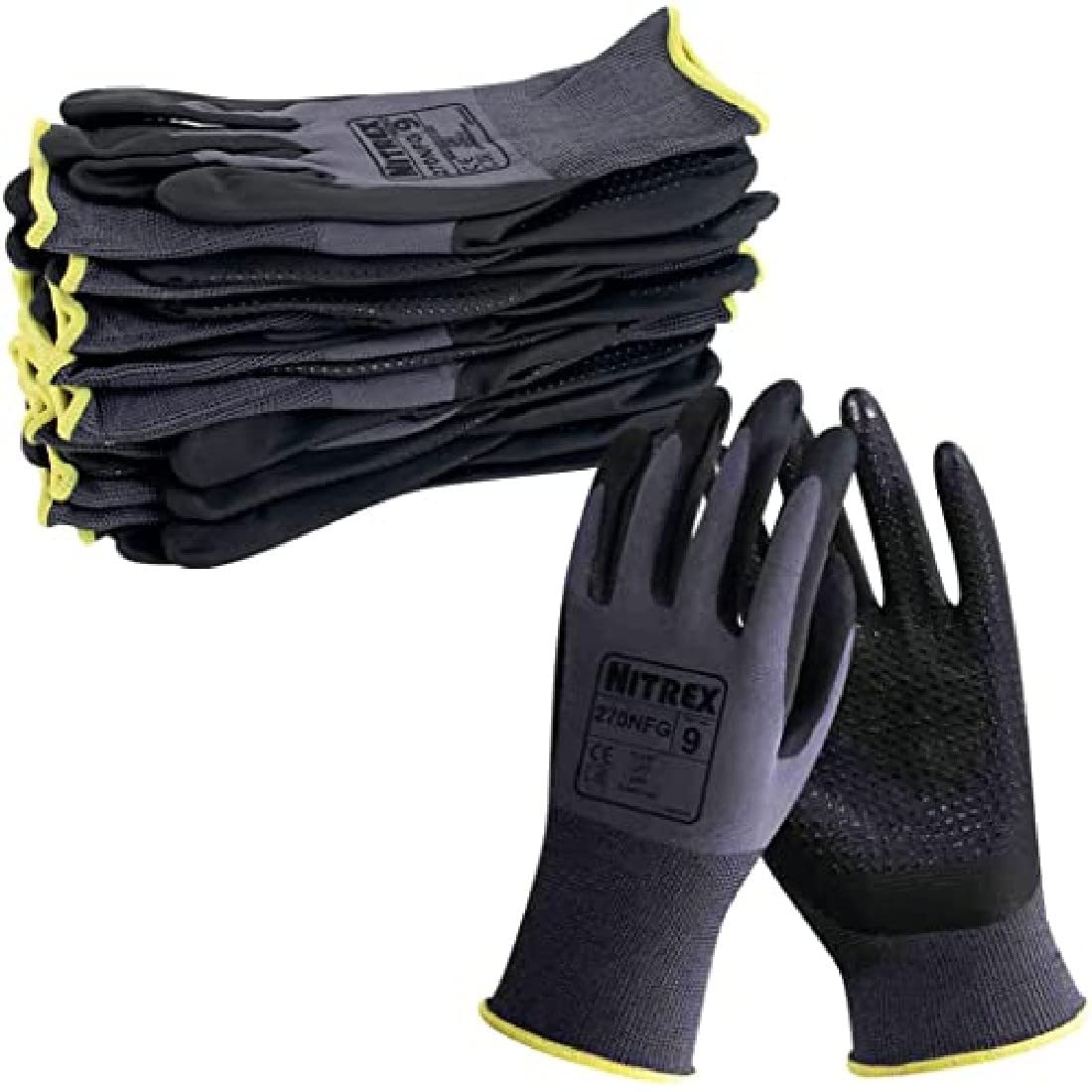 NITREX Unigloves 270NFG - Guantes reutilizables de manejo general con revestimiento de espuma de nitrilo, forro de nailon y cobertura de agarre mejorada en la palma, en gris/negro