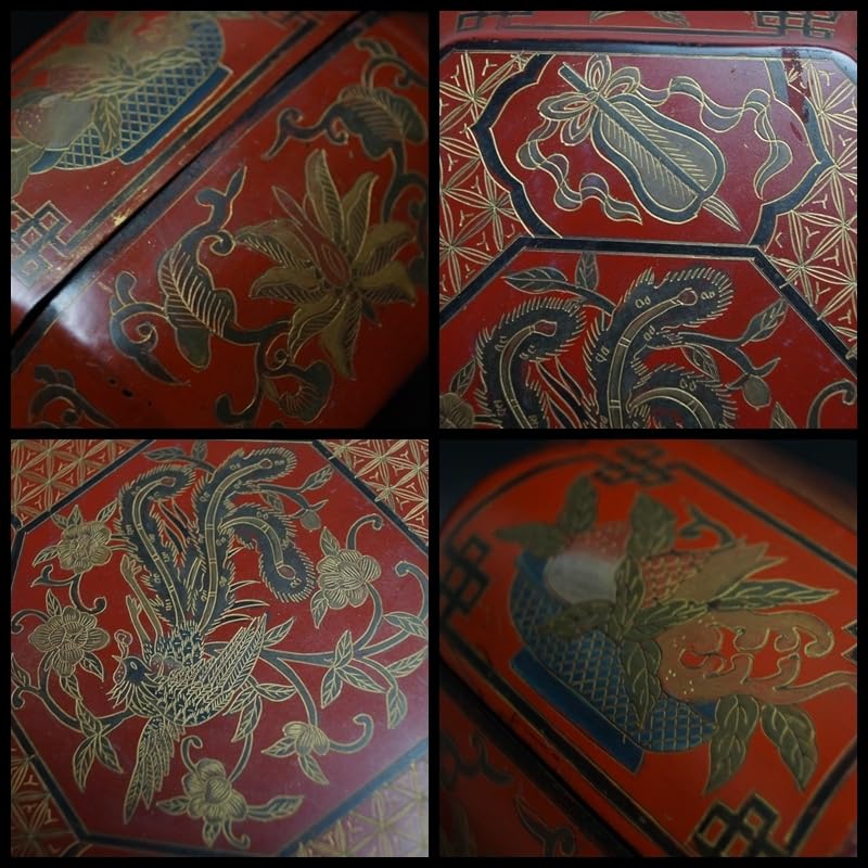 清 木製彫填漆塗 細工彫り『鳳凰八宝祥瑞文』金彩蒔絵 面